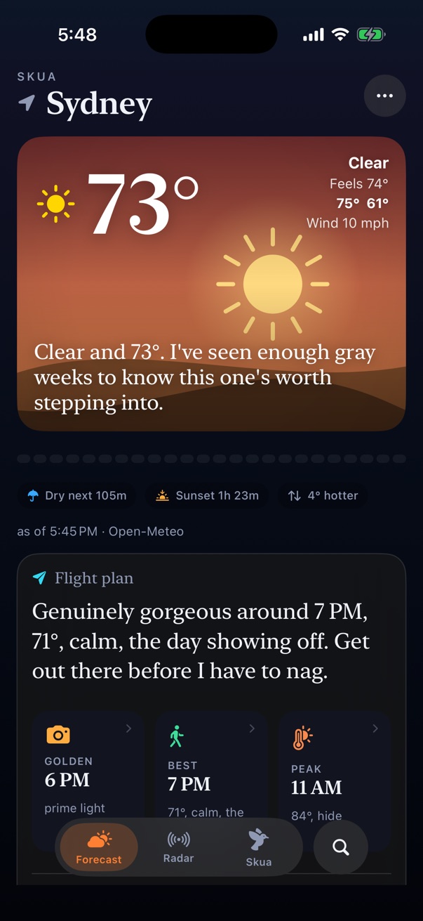 Skua's forecast screen for Sydney: 73 degrees and clear under a warm evening sky, with a Flight Plan that says it is genuinely gorgeous around 7 PM.