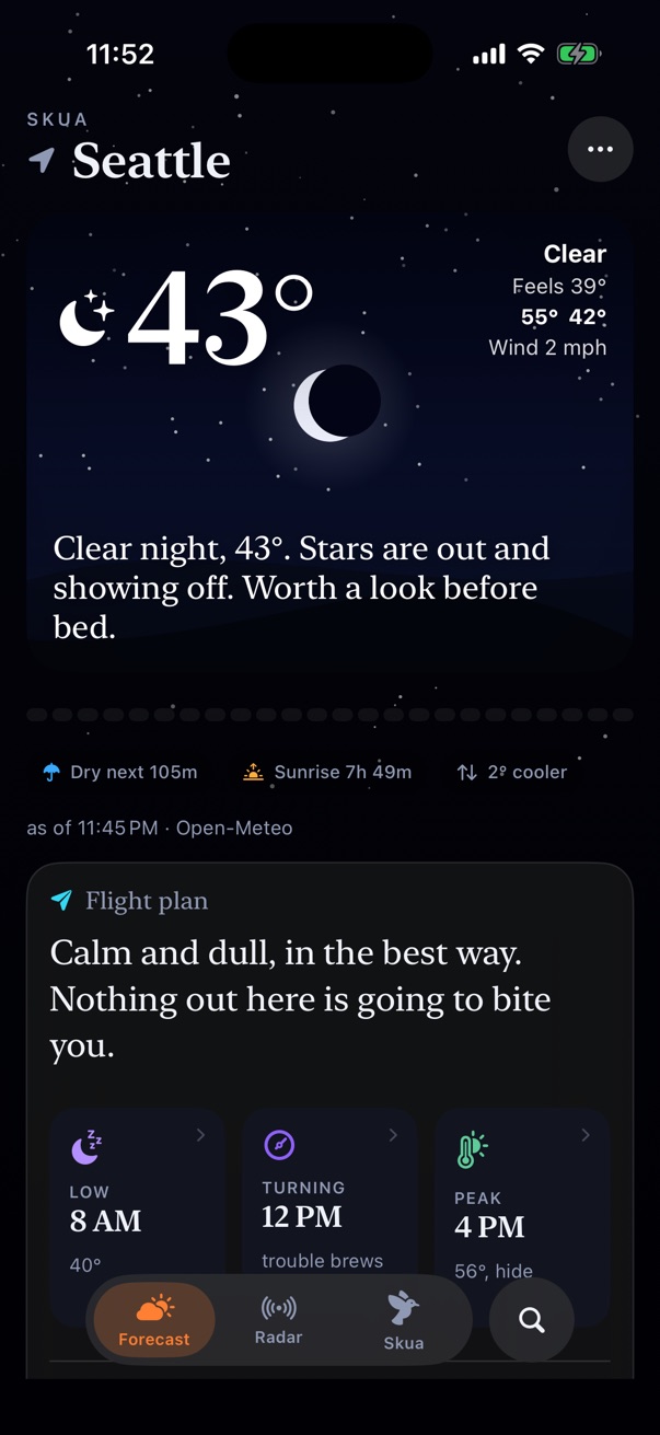 Skua at night in Seattle: a star field and crescent moon behind 43 degrees, and a Flight Plan that reads calm and dull, in the best way.